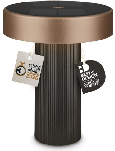 BRILONER - Poga LED Tischlampe kabellos IP44 mit Solar, Touch, Dimmbar, Warmweiß, Tischlampe Akku, Nachttischlampe, Solarlampen, German Design Award Winner 2026, 16x20 cm, Anthrazit-Bronze metallic
