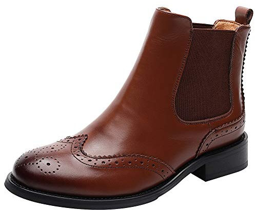 rismart Donna Brogue Wingtip Caviglia Alto Scivolare su Comfort Genuino Pelle Chelsea Stivali SN02052(Marrone,39.5 EU)