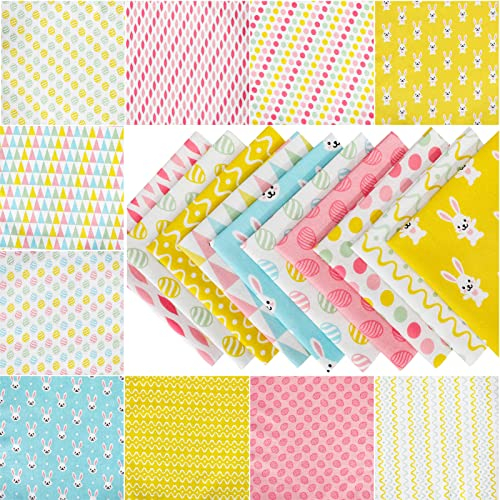 Qpout 10 Stück Osterstoff Patchwork 9.8x9.8 Zoll, Ostereier Hase Fat Quarters Quilten Stoffbündel Baumwolle, Osterparty Stoffbahnen für Handwerk Nähen