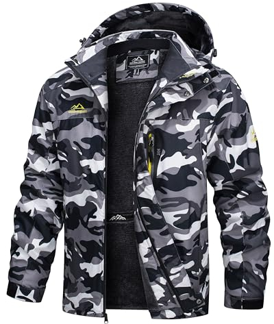 TACVASEN Herren Warme Skijacke Gefütterte Winterjacke Wasserabweisende mit Abnehmbarer Kapuzen (XL, Schwarz-Camo)