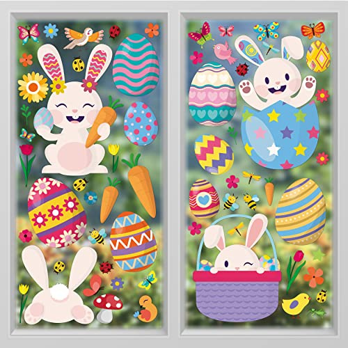 WALPLUS 150 PCS Easter Egg Window Stickers Peel and Stick Easter Window Stickers Reusable Easter Bunny Stickers Double Sided Easter Window Decals Happy Bunnies Easter Window Clings
