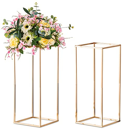 Sziqiqi 2 Stück Gold Vasen für Hochzeit Herzstück Tische, Metall Blumenboden Vase Säule Blumenständer Hohe Geometrische Blumenvase, Rechteckige Blumen Display Rack für Zuhause Party Hochzeit, 60cm