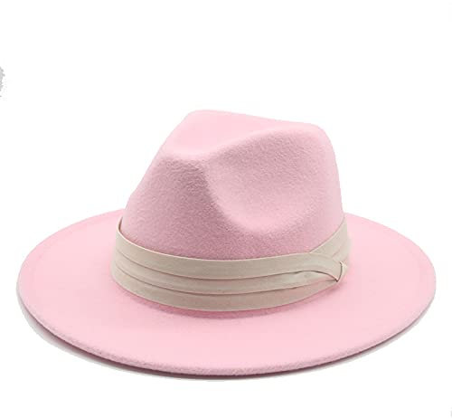 QBQZXAOSOWH Fedora Trilby Hüte Für Damen Fedora-Hüte Klassische Panama-Männer Breite Krempe Filzhut Kirche Hochzeit Filzband 56-58 cm (Erwachsene) Rosa
