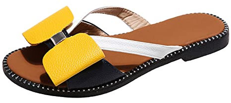 OALEEN Sandale Plate Femme Claquette Eté Confortable Style Cuir Noeud Nu-Pied Pantoufle Plage Mariage Soirée - Jaune et Bleu Marine 38