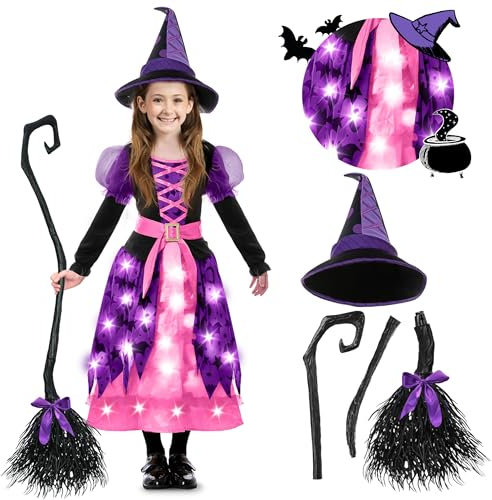 Spooktacular Creations bruja disfraz para niñas, disfraz de bruja con estampado rosa, bruja iluminando vestuario de disfraz de halloween up-s