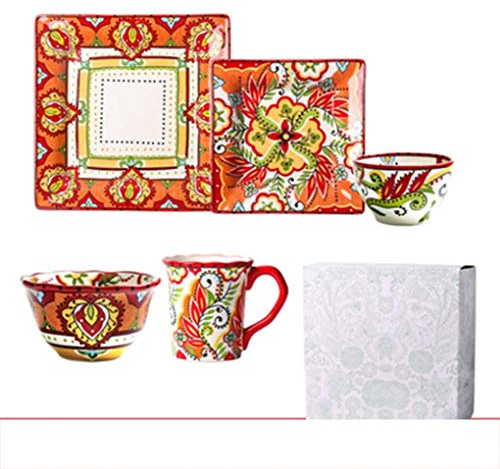 Set di stoviglie in ceramica quadrata chic Tazza con piatto di fiori sottosmalto dipinto a mano
