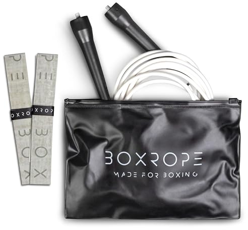 BOXROPE Springseil für Boxen, verhedderungsfrei, 15 % schwerer als ein normales PVC-Seil, verstellbar, inklusive Griffbändern für mehr Halt, Premium-Qualität (weiß (größer als 1,88 m))