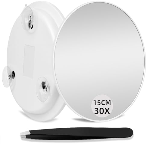 JJhxr 30-facher Vergrößerungsspiegel mit Saugnäpfen, Schminkspiegel mit 30-facher Vergrößerung,15-cm-Make-up-Vergrößerungsspiegel und Pinzette