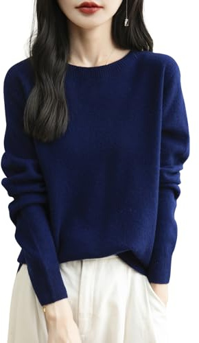 Chanyarn Femme 100% Lain Merino Col Rond Pull 2024 Décontracté Manches Longues sans Couture Pull en Tricot (Navy Blue,L)