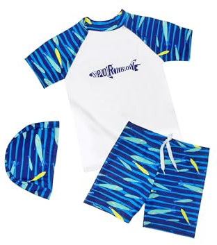 Bañador Niño 3 Piezas, Camiseta Protección Solar, Natación Con Tiburones (7-8 Años)