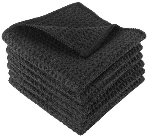 Geschirrtücher 6er-Set aus Mikrofaser, 20 x 20 cm, Super Saugfähige Waffeltücher, Weiche und Waschbare Spüllappen, Dicke Mikrofasertücher, Schwarz Spültuch für Küche und Barista Reinigung