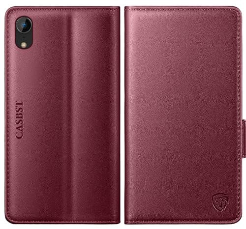 CASBST for iPhone XR Case, Kickstand Flip Leather Wallet Book Case with Card Slots Shockproof Magnetic Closure Protective Phone Case Cover Compatible with iPhone XR - Wine Red