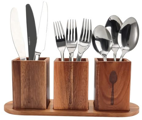 mumisuto Wooden Cutlery Rack With 3 Compartment, Acacia Wood Utensil Crocks With Cutlery Trays, Removable Wooden Utensils Storage Organizer Countertop Suitable for Farmhouse Kitchen Silverware