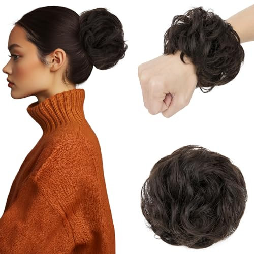 Elailite Echthaar Dutt Haarteil Haarteile Dutt Zopf Mit Gummiband #01B Naturschwarz Haargummi Mit Haaren Hochsteckfrisuren Haarverlängerung Locken Bun Für Damen 25g