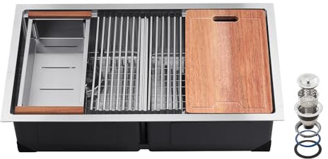 VEVOR 33 Kitchen Sink Workstation, 304 Stainless Steel Undermount Double Bowl Farmhouse with Shelf and Lots of Accessories, RV Home Dishwasher Sink, Prep Kitchen, Bar