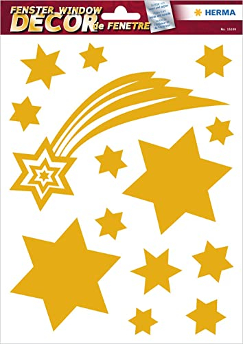 HERMA 15109 Fensterbilder Weihnachten Sterne Sternschnuppe Gold, 14 Stück, selbstklebend, Kinder Fensteraufkleber, ablösbare Winter Fenstersticker, Glitzer Fensterfolie für Kinderzimmer Weihnachtsdeko