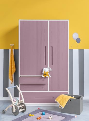 BioKinder Kleiderschrank Kinderkleiderschrank 2-türig Lina aus zertifizierten Bio-Massivholz Kiefer Naturweiß und Kiefer Flieder lasiert H 190 x B 110 x T 55 cm