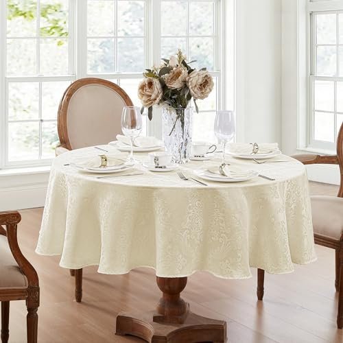 ELRENE HOME FASHIONS Caiden Elegance Damast-Tischdecke, Polyester, Elfenbein, 70 (Round)