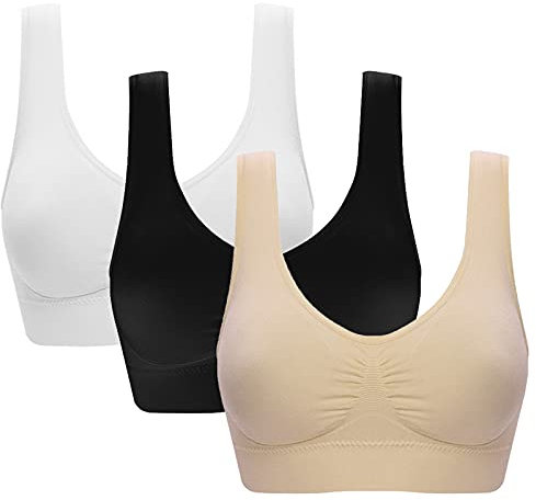 Jamron Womens 3 Pack Seamless Wirefree Comfy Everyday Bralettes Sports Yoga Sleep Bras with Removable Pads Black + White + Beige M