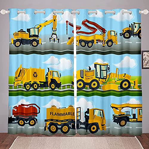 Bauwagen für Jungen Schlafzimmer Kinder Karikatur Bagger Fenstervorhang 137x117cm Kleinkinder Gelb Maschinen Autos Blickdichte Vorhänge Kinderzimmer Fahrzeuge Vorhänge Zimmer Dekor 2 Paneele