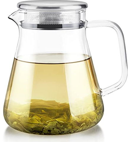 Teabloom One-Touch Teebereiter, 2-in-1 Teekanne und Wasserkocher mit Edelstahl-Filterdeckel für losen Tee - Fleckenfreie Teekanne aus Borosilikatglas (765 ml) - Tee-Kenner Wahl