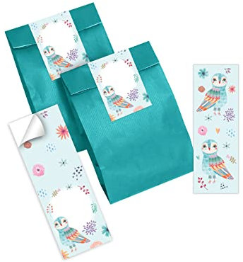 Junapack 12 Lesezeichen + 12 Geschenktüten (Petrol) + 12 Aufkleber Eule Mitgebsel Gastgeschenk beim Kindergeburtstag Mädchen