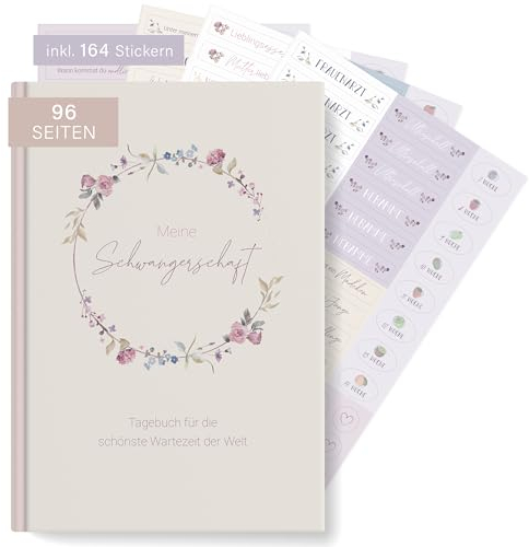 MINTKIND® Schwangerschaftstagebuch Meine Schwangerschaft A5 Blumen Rosa + Sticker Set I Hardcover Tagebuch zum Eintragen I Geschenk für Schwangere & werdende Mütter Fotoalbum Baby Album Fotobuch