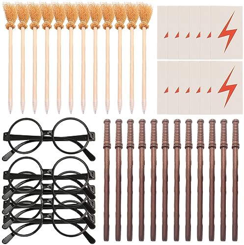 CEWROM 48 pièces Baguette Magique Collector Patronus, Lunettes de Magicien sans Lentilles, Tatouage Temporaires pour Halloween, Crayon de Sorcière, Cosplay Décoration de Fête, Récompenses Scolaire