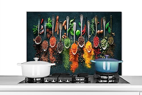 KitchenYeah© Spritzschutz Küchenrückwand Küche Deko Aluminium Platte Wandschutz Herd Spritzschutz WandverkleidungKräuter - Gewürze - Löffel - Pfeffer - 90x60 cm