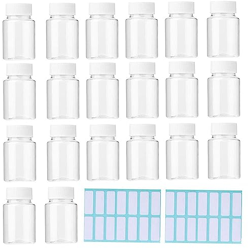 SKYPRO 20Pcs Clear Pill Bottle Plastic Medicine Bottle Empty Reagent Bottle Containers with Caps for Liquid Solid Powder Medicine With Sticker (20ML)