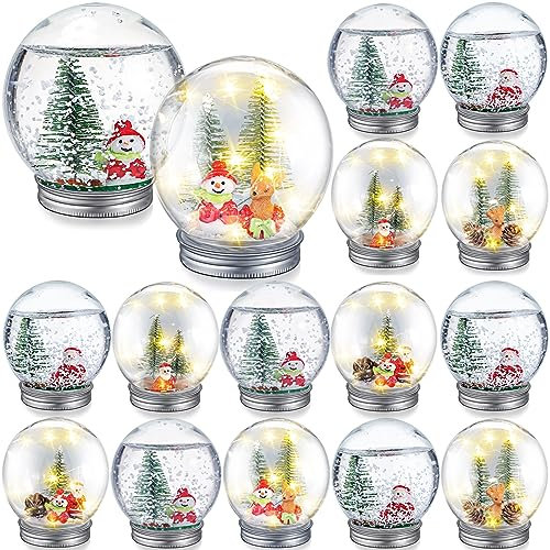 Liliful 16 Stück Weihnachten LED Klar Kunststoff Schneekugel Kit Inklusive DIY Schneekugel mit Schraubkappe Künstlicher Mini Weihnachtsbaum Schneemann Weihnachtsmann Hirsch Tannenzapfen und Lichter