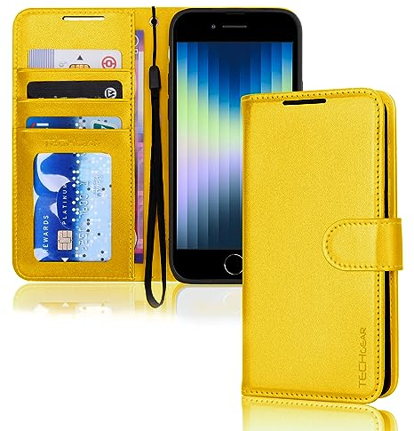 TECHGEAR iPhone SE 2022 5G / 2020, iPhone 8/7/6 Leather Wallet Case, Flip Case Cover, Card Holder, Stand, Wrist Strap, Yellow PU Leather, Magnetic Closure for iPhone SE 3 / SE 2 / iPhone 8 7 6 6s 4.7