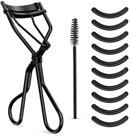 WLLHYF Wimpernzange Kit Beauty Wimpernkamm mit 10 schwarzen Silikon-Nachfüllpads und 1 Mascara-Bürste Metall Wimperntrenner Universal Wimpernzange Make-up Werkzeug für Frauen und Mädchen (schwarz)