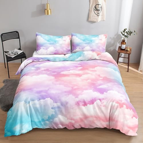HOSIMA Bettwäsche-Set Mit Bunten Wolken-Aufdruck für Erwachsene, Jungen und Mädchen - Bettbezug Mit 2 Kissenbezügen (S)