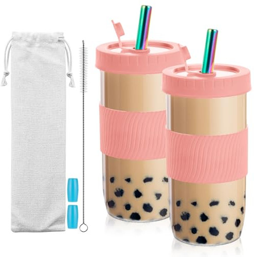 Dyserbuy Bubble Tea Cup, 2 Pack Smoothie Cup, 730ml Iced Coffee Cup, Glass Cups with Lids and Straws, Reusable Glass Tumbler with Silicone Sleeve, Straw Brush, Pink