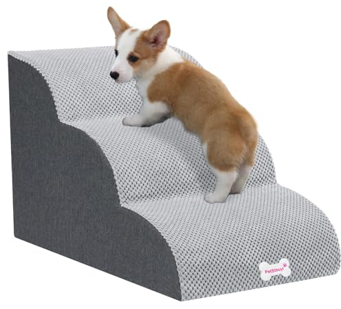 LUFEEMGA Hundetreppe für Kleine Hunde 3 Stufen 40 cm Hoch, Haustiertreppe für Bett Sofa aus Hochdichtem Schwamm, Hunderampe Katzentreppe mit Abnehmbare Waschbarer Bezug und rutschfeste Boden