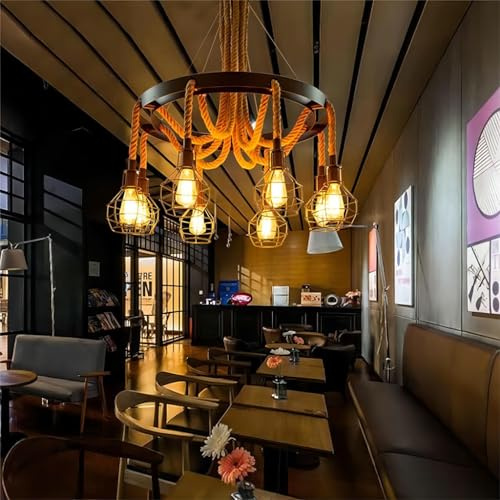RuiRfh 6 Lights Industrial Vintage Pendant Light Hemp Rope Chandelier Black Metal Wagon Wheel Rustic Art Deco Style Hanging Ceiling Lighting Fixture Adjustable Height for Dining Room Living Room Home
