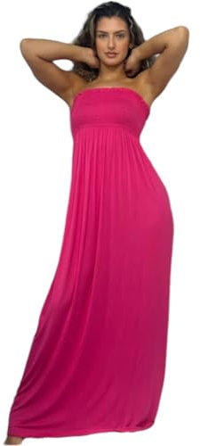 Alam Exclusive Vestido largo de verano para mujer, liso, sin tirantes, elástico, bandeau, fruncido, tubo, verano, talla 8-20, fucsia, 36-48