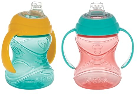 Nuby Clik-It Soft Spout No-Spill Training Sippy Cup with Handles - (2-Pack) 10 oz - 4+ Months - Aqua/Red/Orange