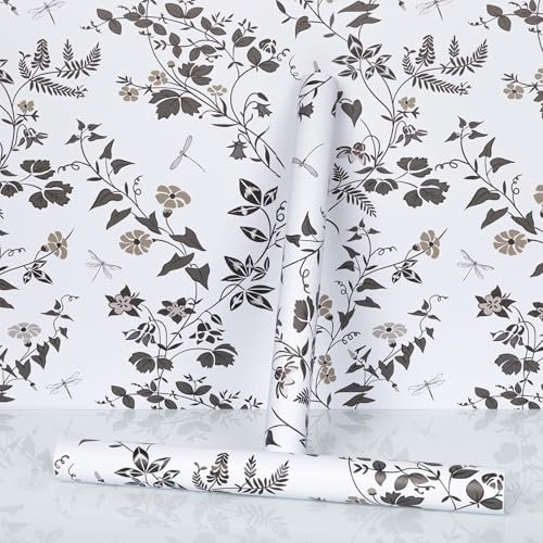 Hode White Self Adhesive Wallpaper 44cmX300cm, Sticky Back Plastic Patterned Furniture Sticker, Vinyl Wrap Film Roll for Cupboards Shelves, White and Flowers Peel and Stick Wallpaper