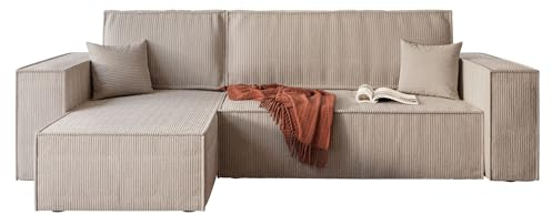 lukmebel - Eck-Sofa mit Schlaffunktion und Bettkasten - Schlafcouch Schlafsofa aus weichem Stoff - Eckcouch Schlafsofa L-Typ Carlos, 244x83x142 cm Grau - Ottomane: 70 cm (Poso 02 - Beige)