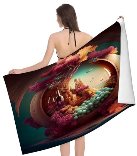 FJQWKLF Strandtuch mit Wein- und Weinfass-Muster für unterwegs, leichte Mikrofaser, weich, schnelltrocknend, sandfrei, zum Schwimmen, Pool, Camping, Yoga, Training, 81,3 x 132,1 cm