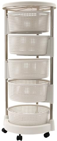 gegeweeret Küchenwagen 5-Etagen Einkaufswagen - Drehbarer Aufbewahrungswagen mit 360°-Körben & 5 Rollen - 43x85cm (Weiß) aus Edelstahl/PP - für Küche/Bad/Wohnzimmer