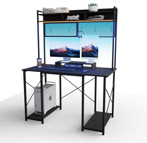 Airfish Escritorio de Fibra de Carbono 120 × 60cm, con Almacenamiento y Soporte de Monitor, Tira de Luz LED Escritorio con Enchufes y Puertos USB Negro