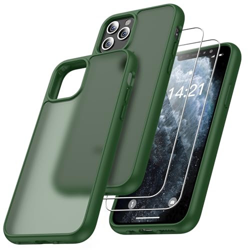 Niphabe Matt Hülle Kompatibel mit iPhone 11 Pro mit 2 Stück Schutzfolie, Nie Vergilbung Hard PC Case Kratzresistente Rückseite Stoßfest Schutzhülle TPU Bumper Hülle Dunkel Grün