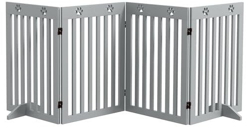 PawHut Freestanding Pet Gate 4 Panel Dog Barrier Folding Safety Fence with Support Feet up to 204cm Long 75cm Tall for Doorway Stairs, Grey