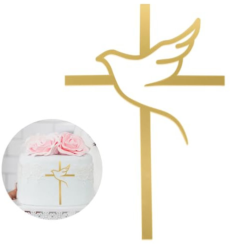 YILANJIN Taufe Tortendeko, Acryl Kuchendekorationen mit Kreuz und Taube für Verlobung, Kreuzkuchen-Dekoration für Verlobung, Schillernder Spiegeleffekt für Hochzeit, Geburtstag, Kommunion (Gold)