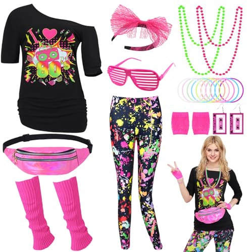 Miulruma 80er Jahre Damen Kostüm Set 80er Jahre Outfit T Shirt, 80er Artistic Leggings,Ohrring, Halskette,Bauchtasche Retro 80 Jahre Outfit Party Accessoires für Karneval Kleidung Fraun Mädchen 036-M