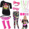 Miulruma 80er Jahre Damen Kostüm Set 80er Jahre Outfit T Shirt, 80er Artistic Leggings,Ohrring, Halskette,Bauchtasche Retro 80 Jahre Outfit Party Accessoires für Karneval Kleidung Fraun Mädchen 036-M