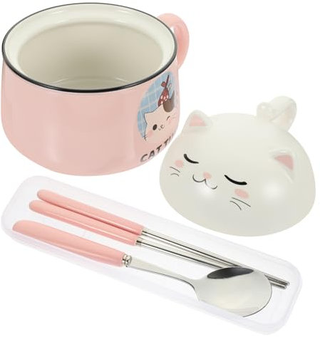 Zerodeko 1juego Tazón De Ramen De Kawaii Con Asa y Tapa Gran Capacidad Para Sopas Ensaladas y Fideos De Utensilios De Cocina Con Diseño De Gato